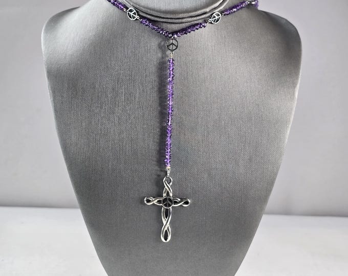 Womens Sterling Silver Beaded Amethyst Cross Pendant w/ Peace Sign 19.4g E3029