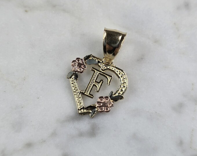 Womens 10K Yellow & Rose Gold Initial Letter " F "  Heart Pendant 0.9g E7140