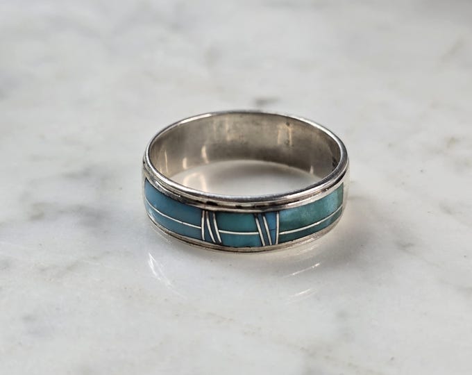 Mens Vintage Estate Sterling Silver Southwestern Turquoise Band Ring 6.1g E633