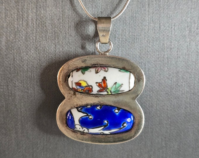Womens Vintage Sterling Silver Chinese Porcelain Pendant Necklace 26.9g E7240