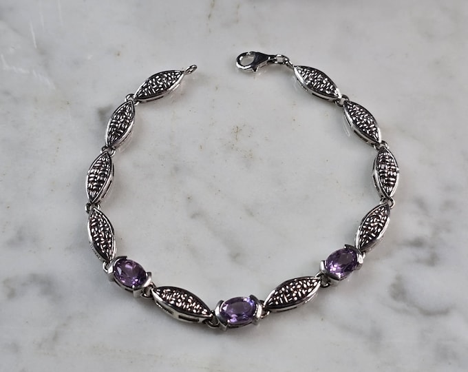 Womens Vintage Estate Sterling Silver Amethyst Bracelet 8.2g E5776