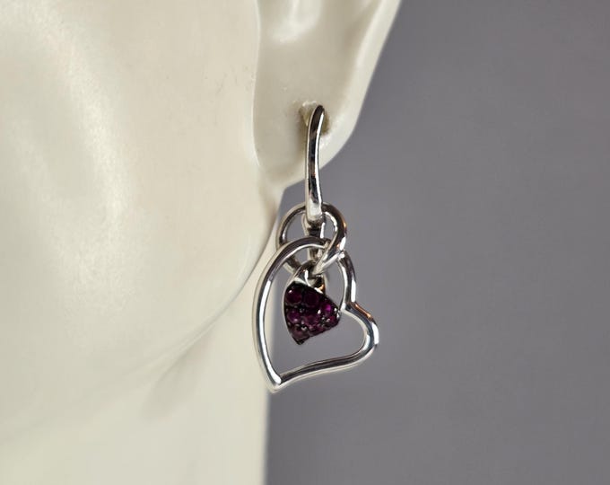 Womens Estate Sterling Silver Amethyst Colored Heart Earrings 2.7g E1522