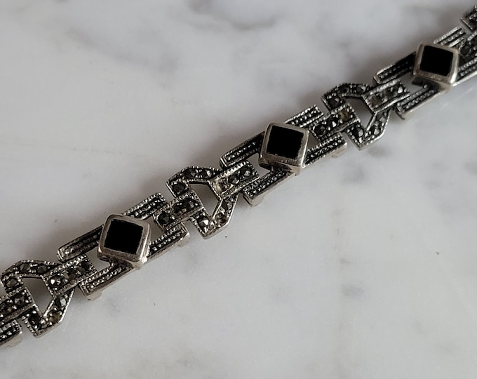 Womens Vintage Estate Sterling Silver Onyx Bracelet 16.9.g E7002