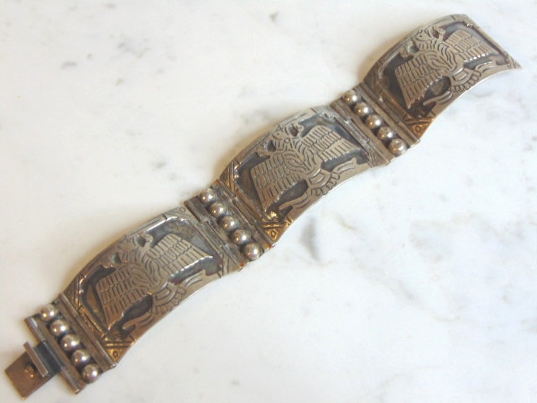 Bracelet Manchette En Argent 925 TAXCO MEXICO - Motifs Aztèques/mayas - Vintage - Occasion - Collection Ethnique