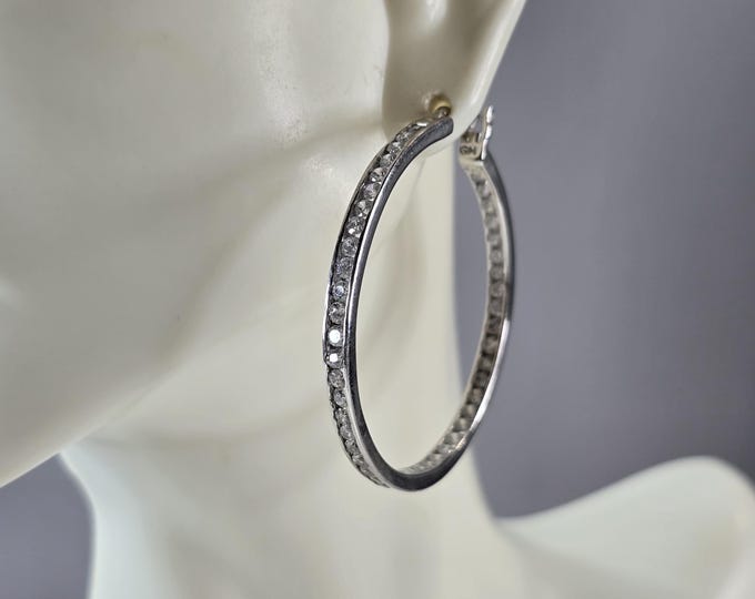 Womens Vintage Estate Sterling Silver CZ Hoop Earrings 9.5g E3285