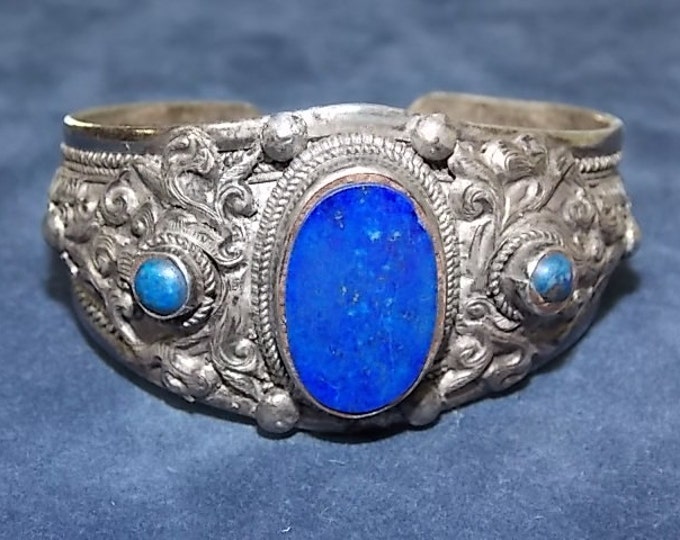 Antique Victorian Sterling Silver & Blue Lapis Stone Cuff Bracelet 46.5g #E341