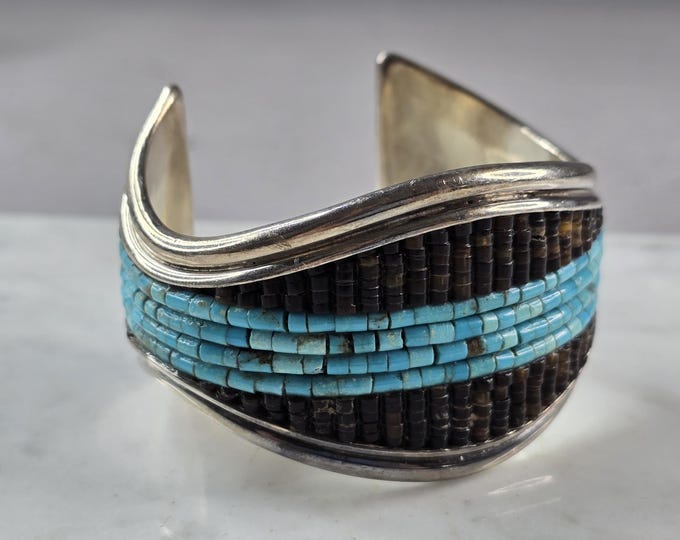Vintage Estate Sterling Silver Turquoise Heishi Navajo Cuff Bracelet 82.6g E6148