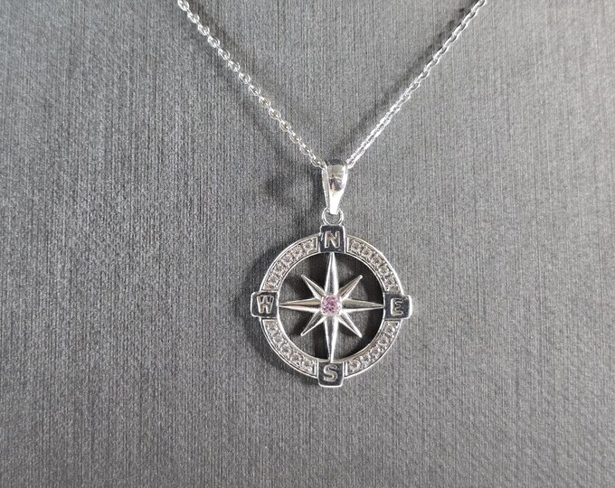 Womens Sterling Silver CZ Nautical Compass Pendant Necklace 3.2g E5843