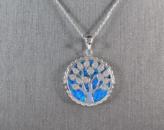Womens Sterling Silver Blue Opal Tree of Life Pendant Necklace 7.4g E3647