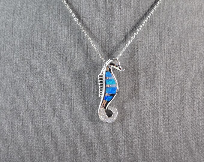 Womens Sterling Silver Blue Opal Seahorse Pendant Necklace 4.4g E3651