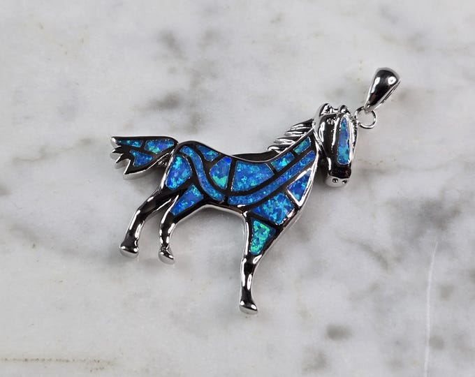 Womens Sterling Silver Blue Opal Horse Pendant  6.9g E5804