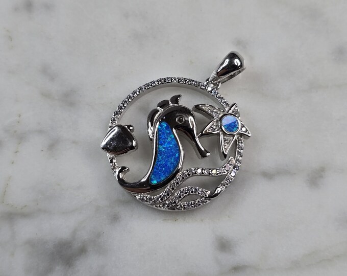 Womens Sterling Silver Blue Opal Seahorse Pendant Necklace 4.4g E5814