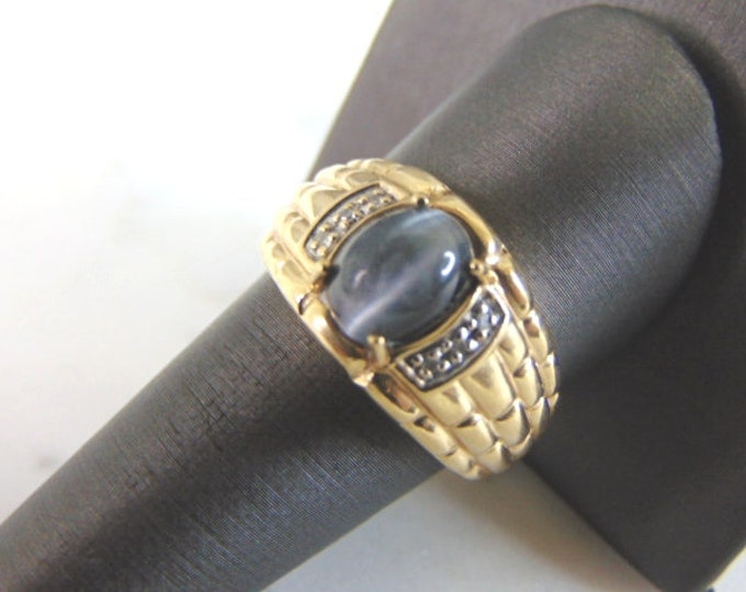 Mens Vintage Estate 10K Gold Cats Eye Diamond Ring 6.7g E933