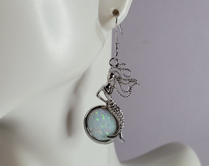 Womens Sterling Silver Modernist Opal Mermaid Earrings 8.5g E2879