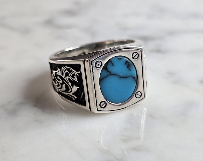 Mens Estate Sterling Silver Modernist Turquoise Ring 12.4g E4494