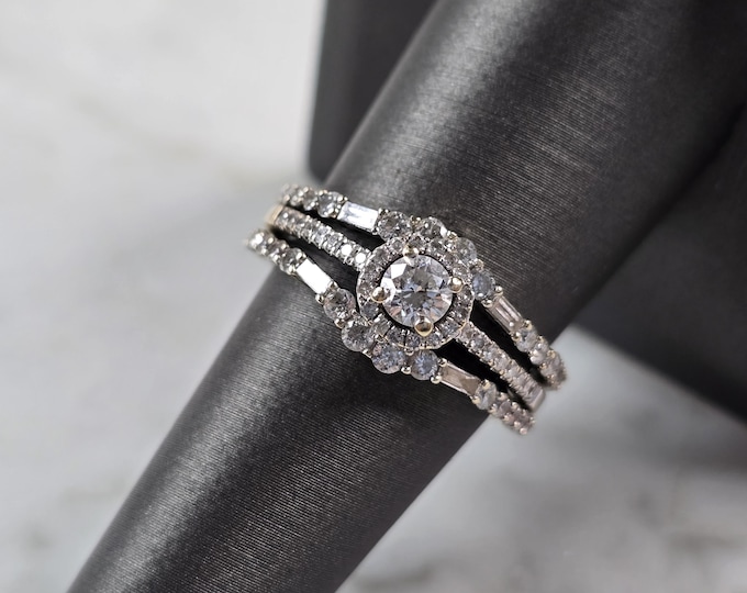 Womens Vintage Estate 14K & 18K White Gold Diamond Ring Set, 6.4g E3186