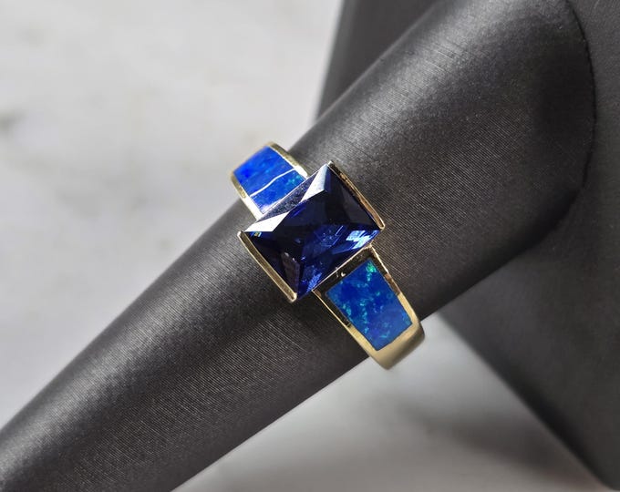 Womens Sterling Silver Gold Tone Blue Opal Tanzanite Ring 5.6g E878