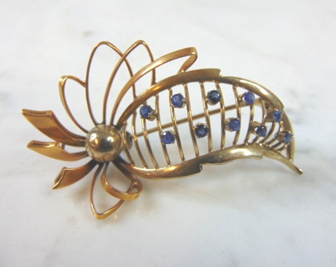 Womens Vintage Estate 18K Gold Sapphire Brooch 10.4g E819