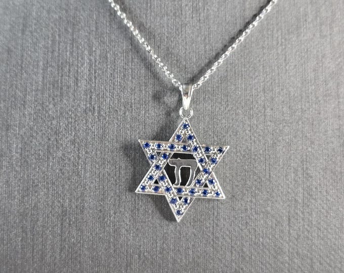 Sterling Silver Jewish Judaica Star of David Chai Pendant Necklace, 3.7g E5819