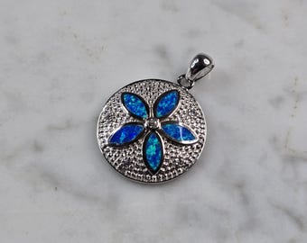 Womens Sterling Silver Blue Opal Sand Dollar Pendant 3.5g E2317