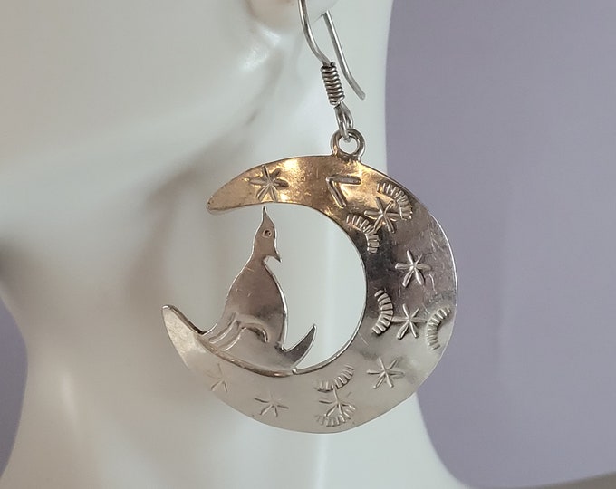 Womens Vintage Sterling Silver Southwestern Wolf Moon Earrings 17.2g E1360
