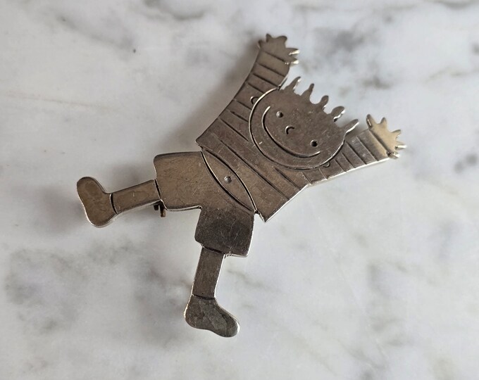 Womens Vintage Estate Sterling Silver Jumping Boy Brooch 15.7g E7666