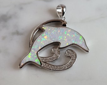 Womens Sterling Silver Opal Dolphin Pendant 6.4g E6353