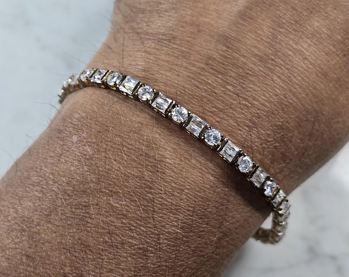 Womens Vintage Estate Sterling Silver CZ Gold Tone Tennis Bracelet 13.7g E4961