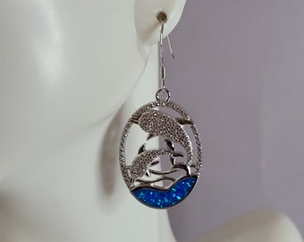 Womens Estate Sterling Silver Modernist Opal Dolphin Earrings 6.8g E6344