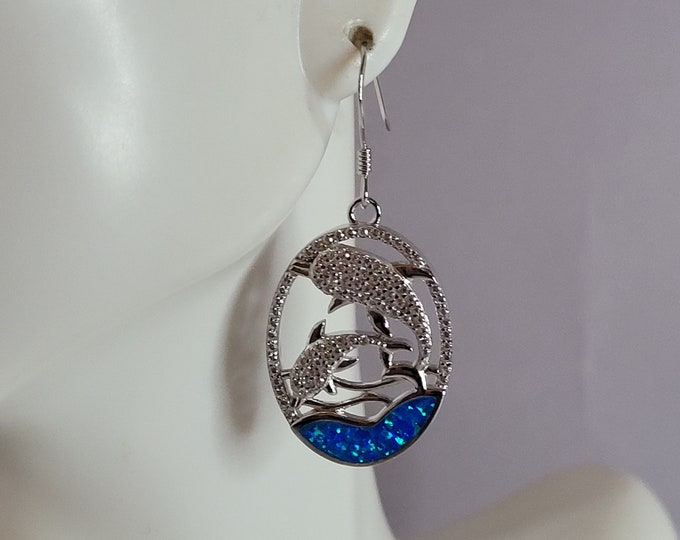Womens Estate Sterling Silver Modernist Opal Dolphin Earrings 6.8g E6344