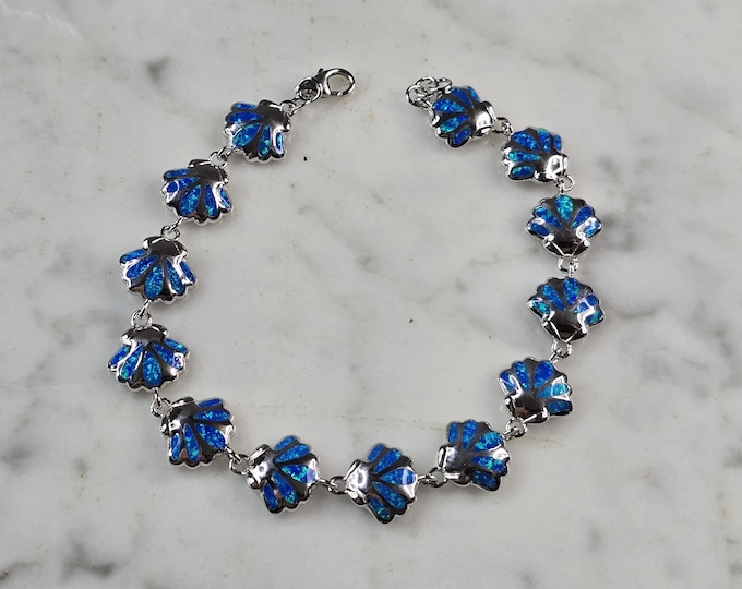 Womens Sterling Silver Blue Opal Sea Shell Bracelet 14.2g E4184