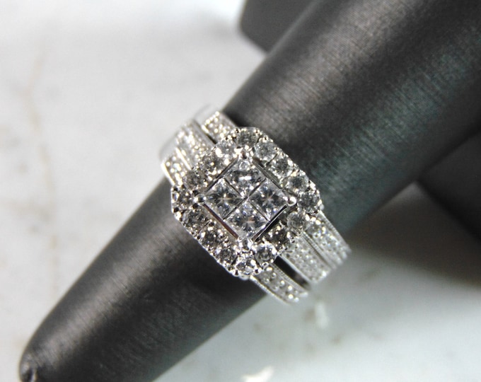 Womens Vintage Estate 14K White Gold Diamond Wedding Ring Set 8.2g E1048