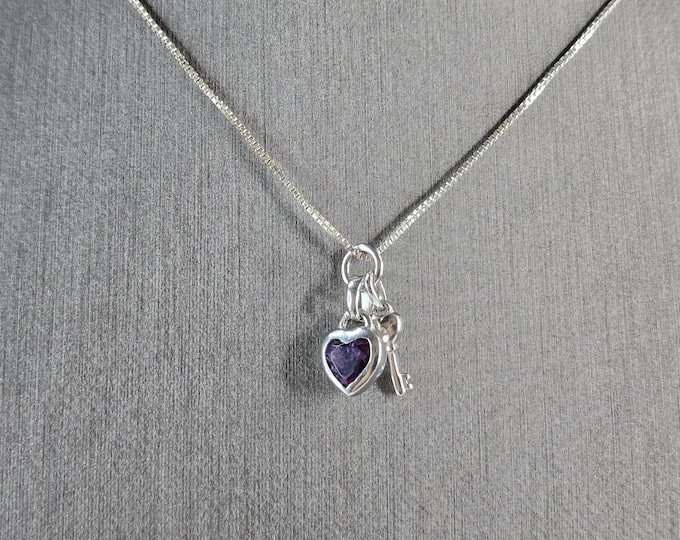Womens Sterling Silver Heart & Key Amethyst Pendant Necklace 4.0g E6615