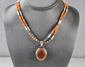 Womens Vintage Sterling Silver Carnelian Pendant Beaded Necklace 34.0g E4180