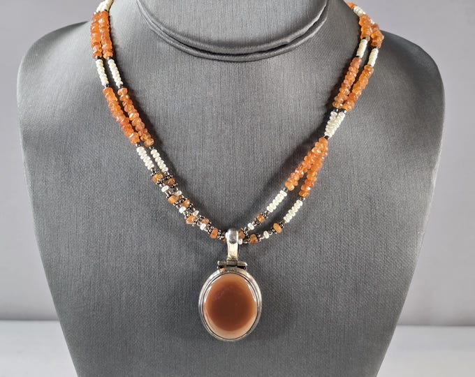 Womens Vintage Sterling Silver Carnelian Pendant Beaded Necklace 34.0g E4180
