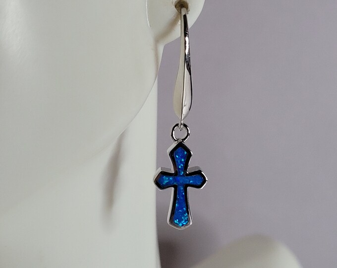 Womens Estate Sterling Silver Blue Opal Religious Cross Earrings 4.1g E785