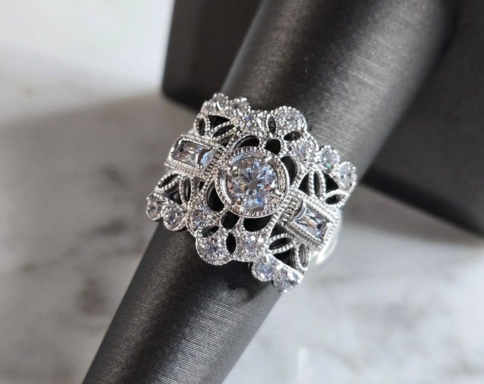 Womens Vintage Estate Sterling Silver Modernist CZ Ring 6.0g E7788