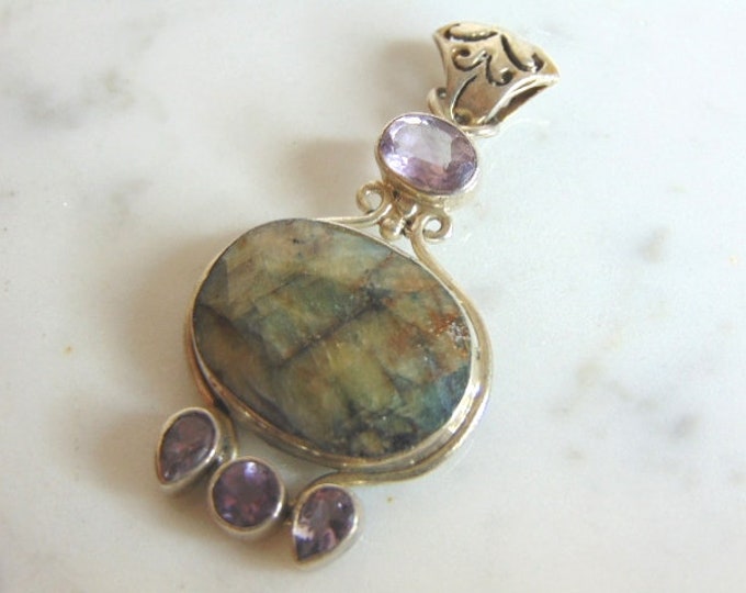 Womens Vintage Estate Sterling Silver Multi Stone Pendant 10.6g E5642