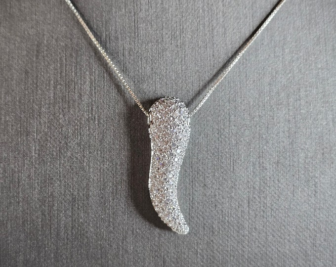 Womens Estate Sterling Silver Italian Horn CZ Pendant Necklace 7.0g E7855