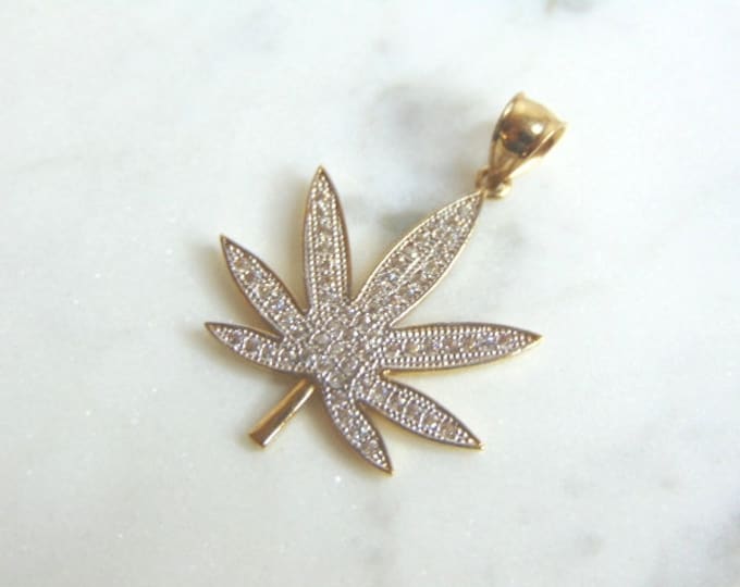 Blinged Out 14K Yellow Gold Marijuana Pot Leaf Pendant, 3.7g E843