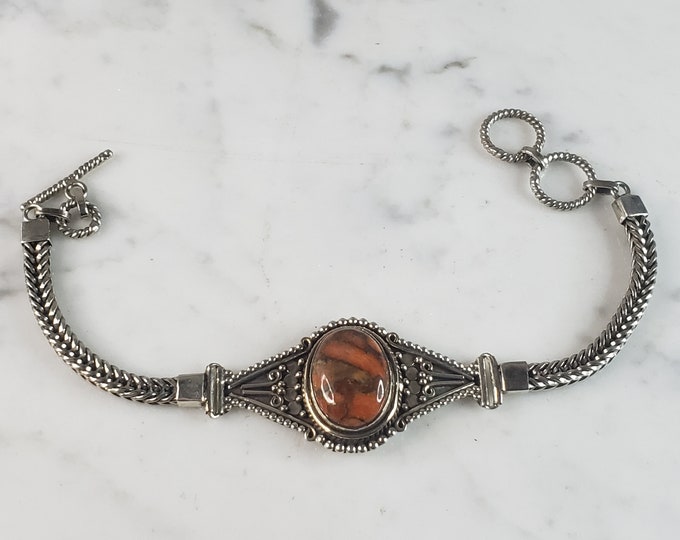 Womens Vintage Estate Sterling Silver Orange Jasper Bracelet 19.9g E6183
