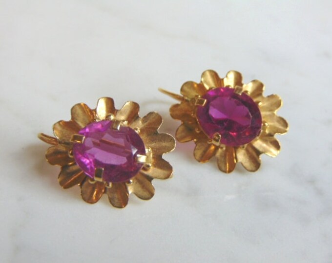 Pr Womens Vintage Estate 14K Gold Dangle Earrings w/ Pink Stones 5.8g E3345