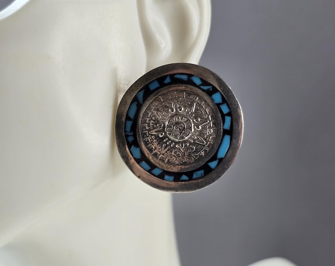 Womens Vintage Sterling Silver Mayan Aztec Stud Earrings 20.3g E5595