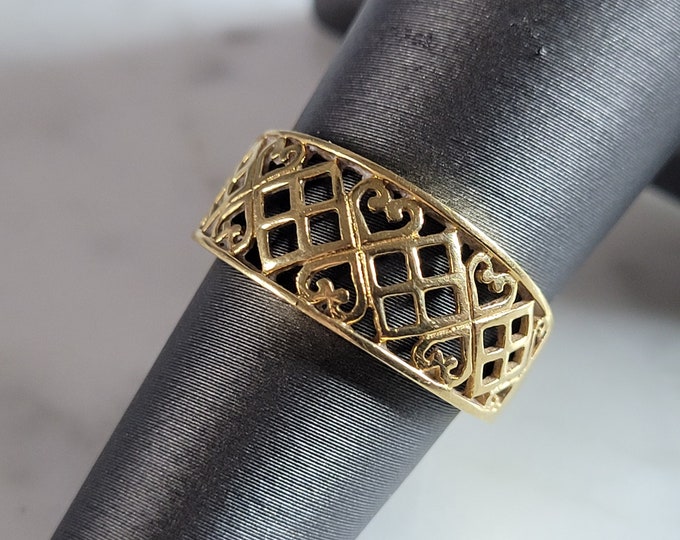 Womens Vintage Estate 18K Gold Filigree Heart Band Ring 3.3g E4903