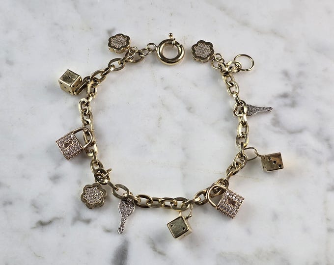 Womens Vintage Estate 14K Yellow Gold CZ Charm Bracelet 11.9g E6870