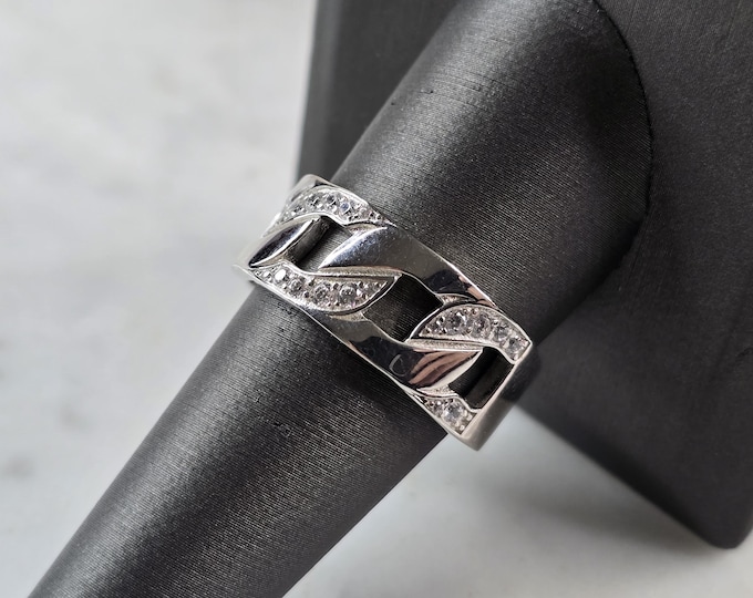 Mens Sterling Silver Modernist Cuban Link CZ Ring 8.1g E3008
