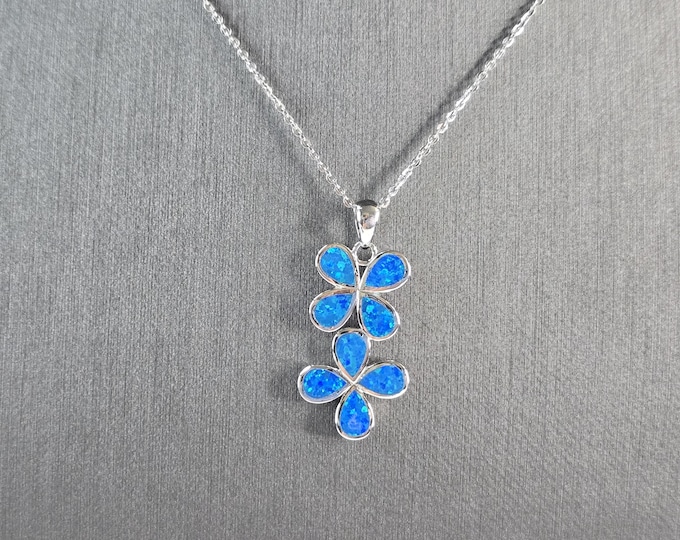 Womens Sterling Silver Blue Opal Daisy Flower Pendant Necklace 4.8g E6891
