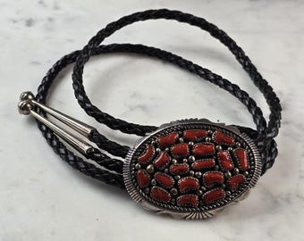 Southwestern Native American Sterling Silver Coral Bolo Tie E643