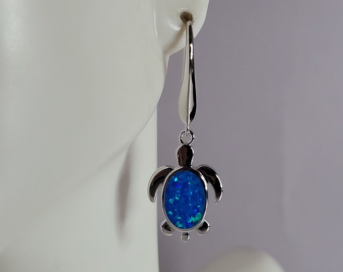 Womens Sterling Silver Blue Opal Sea Turtle Earrings 4.9g E2434