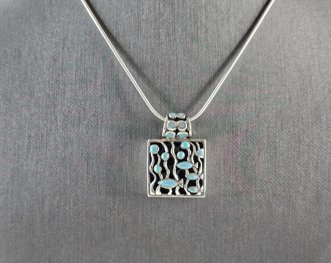 Womens Sterling Silver Modernist Turquoise Fish Pendant & Necklace 16.0g E3276